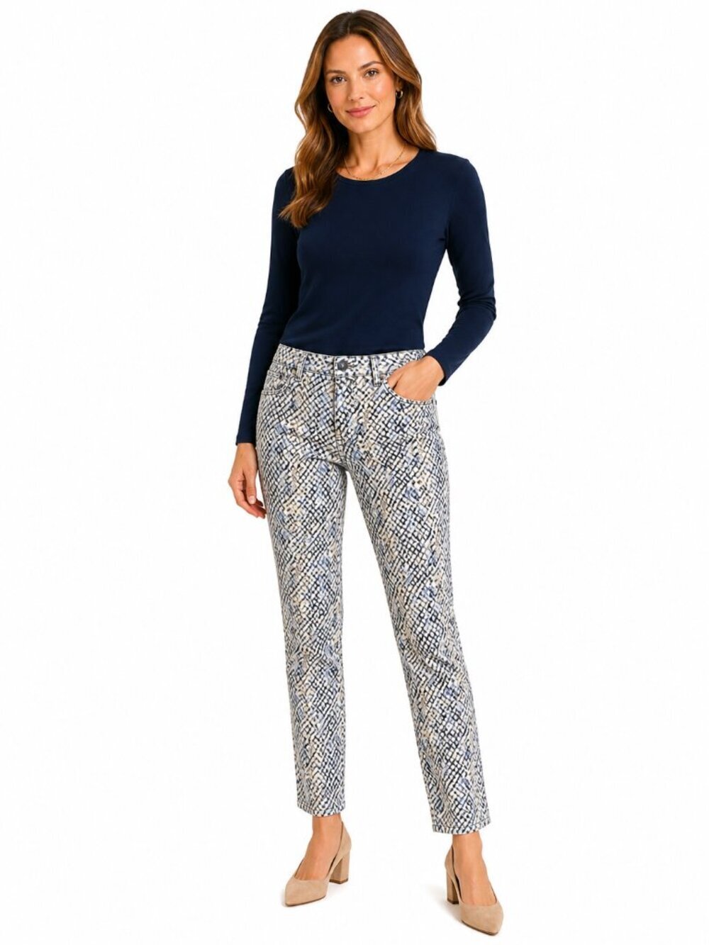 J. McLAUGHLIN Lexi Snake Skin Print Jeans Blue Cream Tan Women’s Size 8